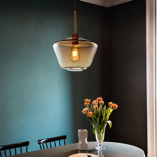 Modern Amber Pendant Lamp For Dining Room - Triangle Drum Cone Glass Shade 1 Light 6.5/9/12 Wide