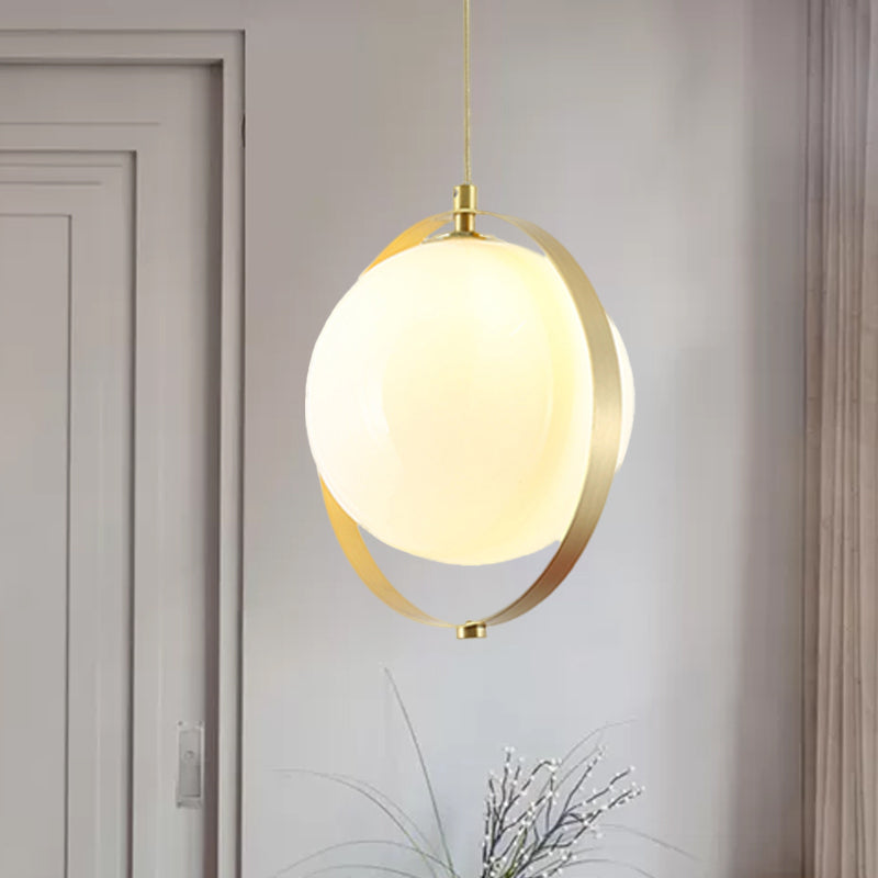 Modern Glass Pendant Light with Brass Ring - Globe White Hanging Kit