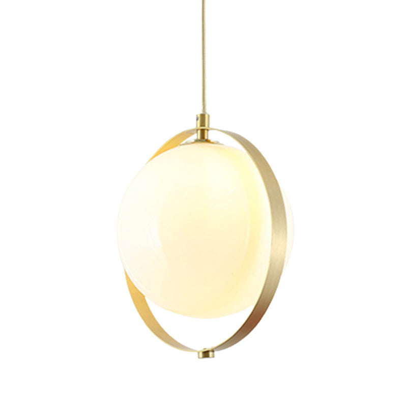 Modern Glass Pendant Light with Brass Ring - Globe White Hanging Kit