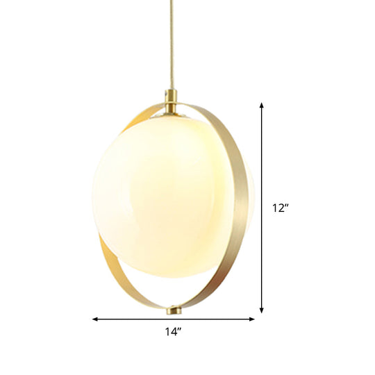 Modern Glass Pendant Light with Brass Ring - Globe White Hanging Kit