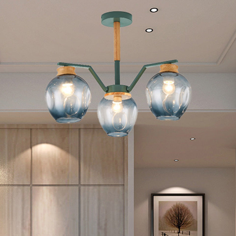 Nordic Globe Chandelier Pendant Light: Dimpled Blown Glass 3/5 Lights Grey/Green Finish
