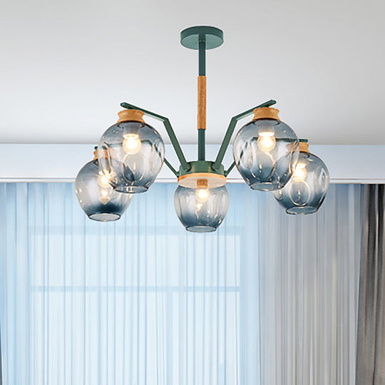 Nordic Globe Chandelier Pendant Light: Dimpled Blown Glass 3/5 Lights Grey/Green Finish