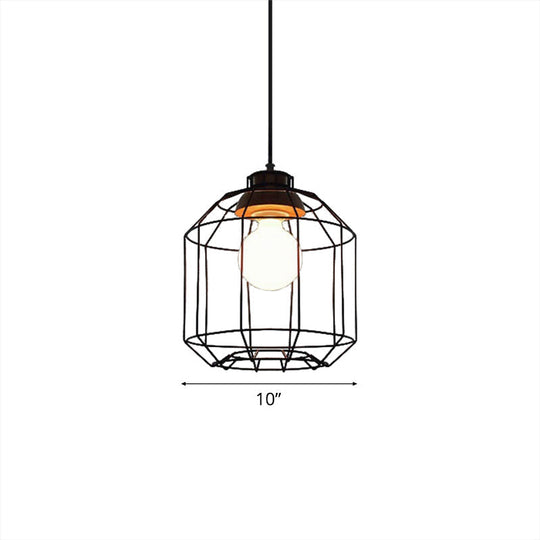 Vintage Black Hanging Pendant Light With Metal Cage Shade For Bedroom - Retro Style Lamp