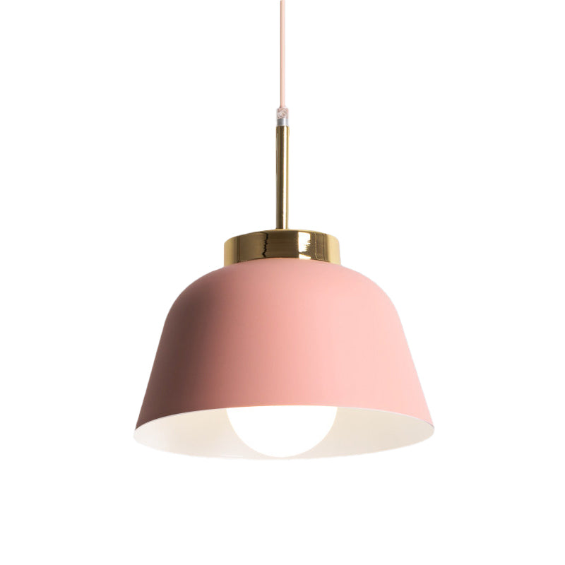 Macaron Style Pink Pendant Ceiling Lamp with Iron Bowl Shade - 1-Light Dining Room Hanging Fixture
