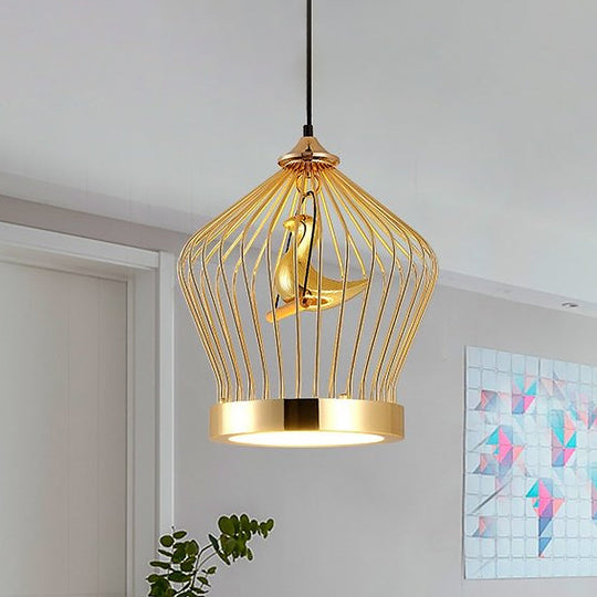 Simple Gold Crown Cage Pendant Lamp With Bird Deco - 1-Light Metal Ceiling Lighting
