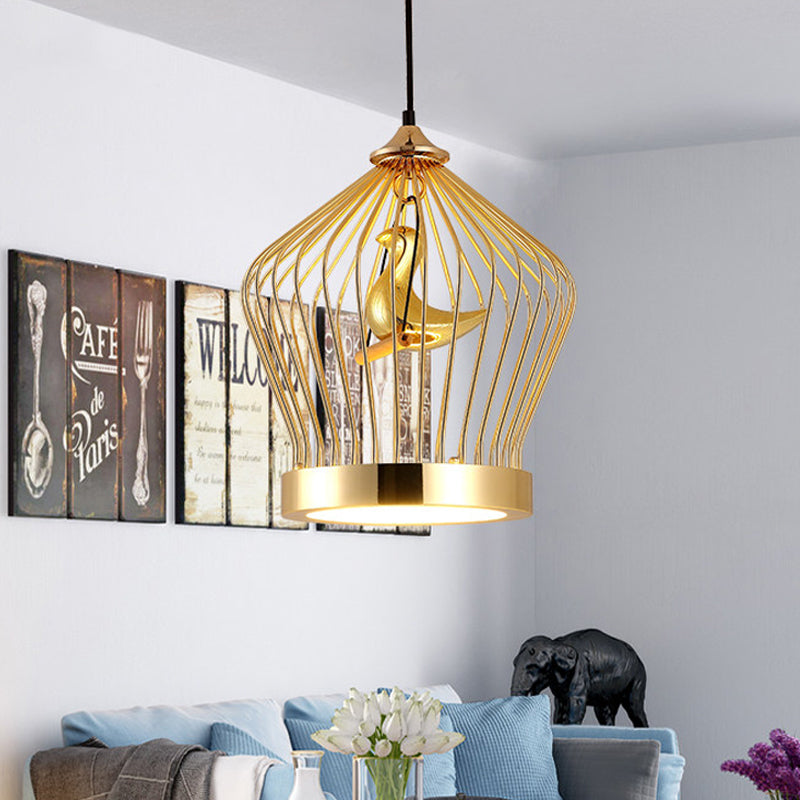 Simple Gold Crown Cage Pendant Lamp With Bird Deco - 1-Light Metal Ceiling Lighting