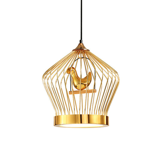 Simple Gold Crown Cage Pendant Lamp With Bird Deco - 1-Light Metal Ceiling Lighting
