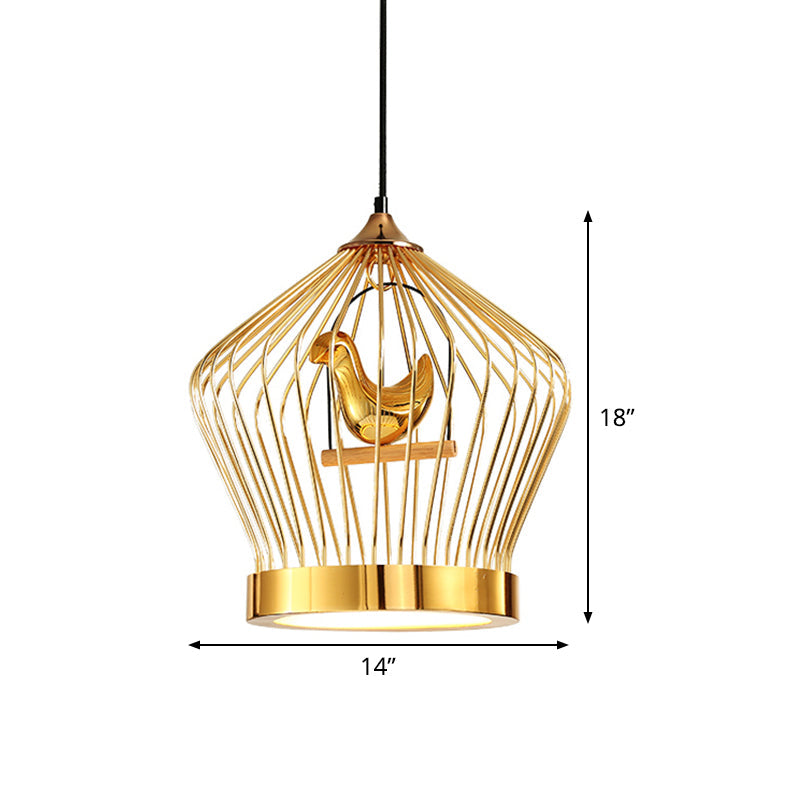 Simple Gold Crown Cage Pendant Lamp With Bird Deco - 1-Light Metal Ceiling Lighting