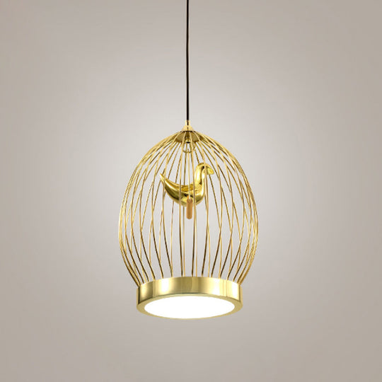 Modern Global Cage 1-Head Gold Finish Hanging Light with Bird Deco Pendant