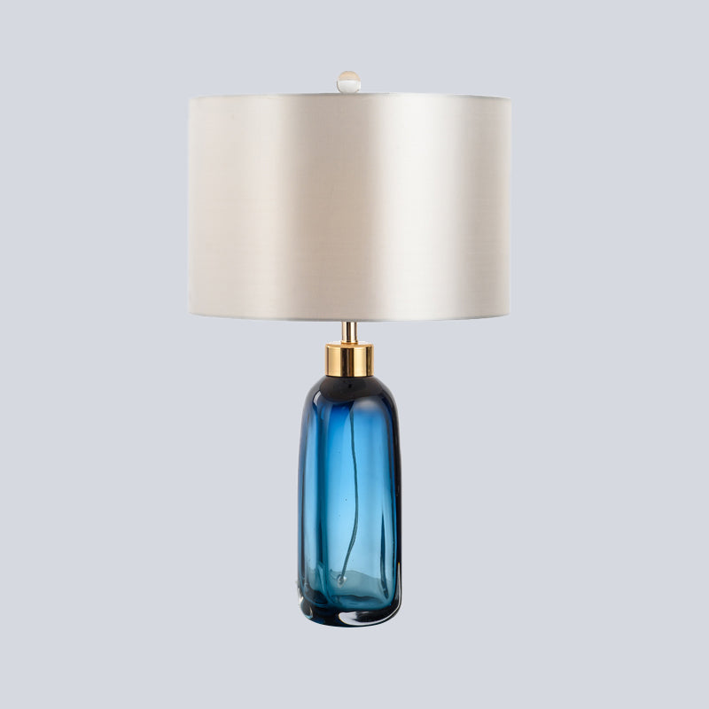 Modern Blue Small Desk Lamp With Cylindrical Fabric Shade - Study Task Lighting