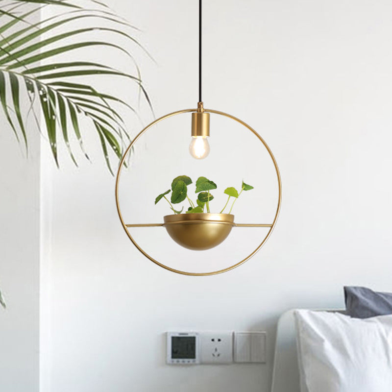 Gold Industrial Metal Pendant Lamp With Hanging Plant Decoration - Round Ceiling Light