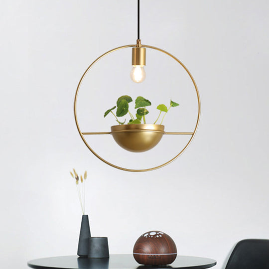 Industrial Metal Round Hanging Ceiling Light with Plant Decoration - Golden Head Pendant Lamp