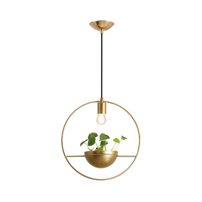 Gold Industrial Metal Pendant Lamp With Hanging Plant Decoration - Round Ceiling Light