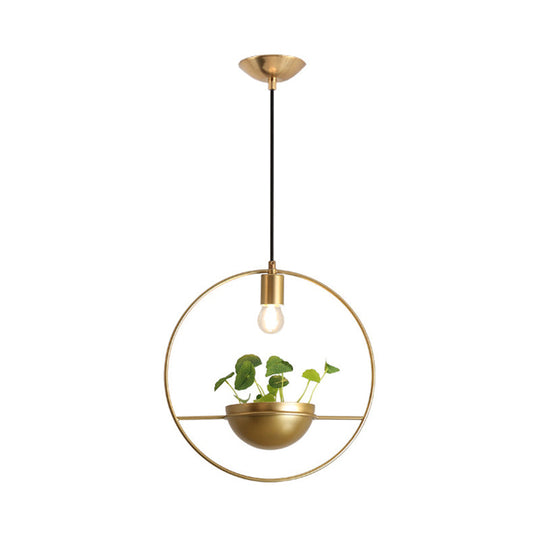 Gold Industrial Metal Pendant Lamp With Hanging Plant Decoration - Round Ceiling Light