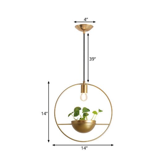 Industrial Metal Round Hanging Ceiling Light with Plant Decoration - Golden Head Pendant Lamp