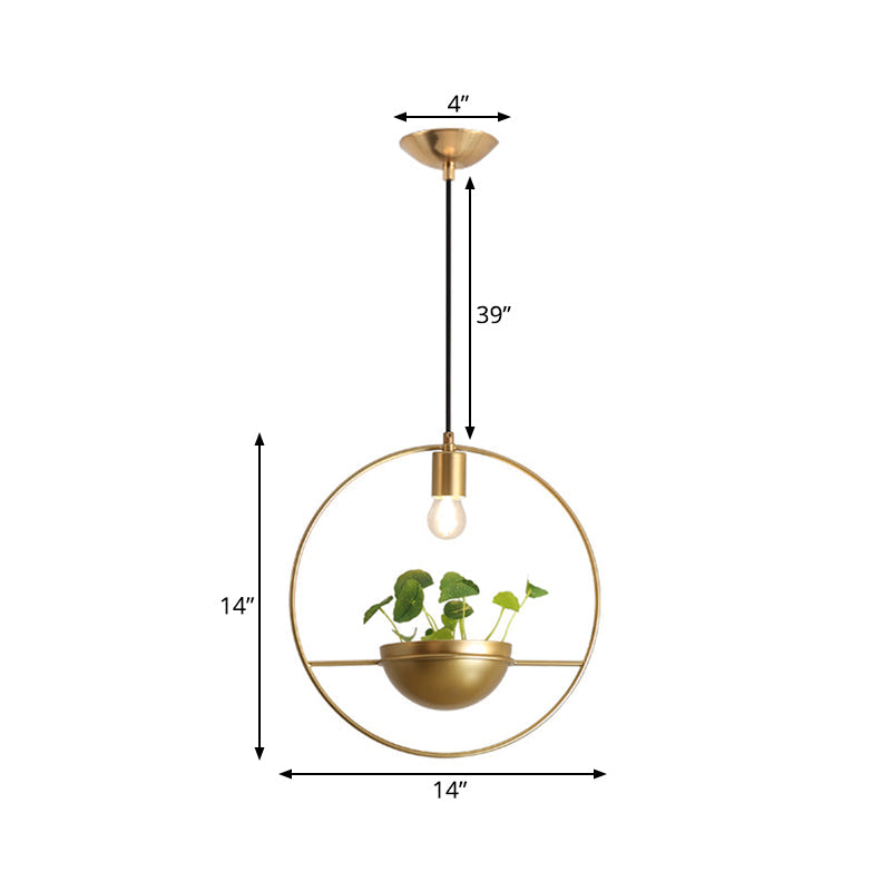 Gold Industrial Metal Pendant Lamp With Hanging Plant Decoration - Round Ceiling Light
