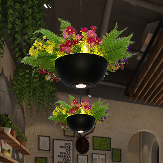 Retro LED Metal Black Pendant Light with Hanging Plant Bowl, Perfect for Restaurants