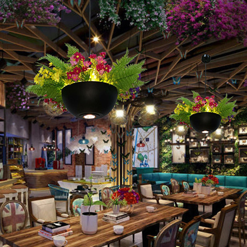 Metal Black Led Pendant Light For Restaurants - Retro Plant Hanging Lamp Bowl 1 Bulb