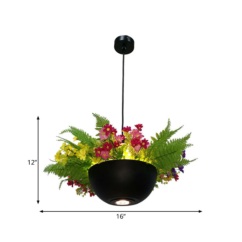 Metal Black Led Pendant Light For Restaurants - Retro Plant Hanging Lamp Bowl 1 Bulb