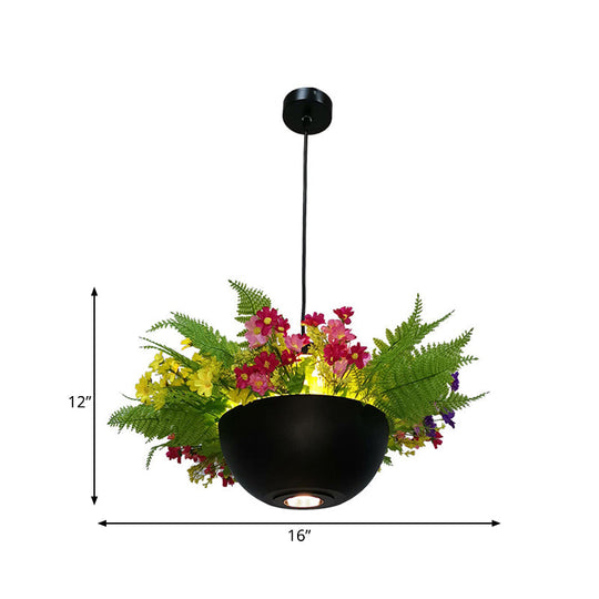 Metal Black Led Pendant Light For Restaurants - Retro Plant Hanging Lamp Bowl 1 Bulb