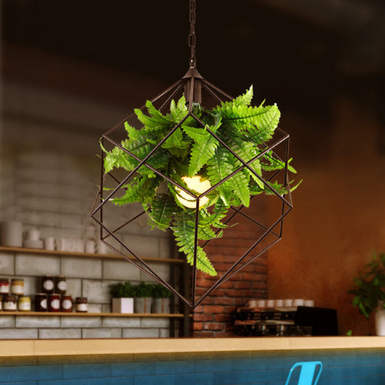 16.5/19.5 Metal Pendant Lamp Antique Black Geometric Led Down Lighting For Restaurants With Plant