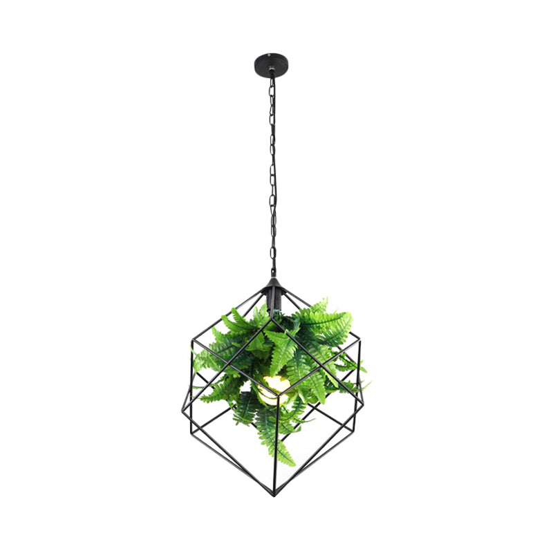 16.5/19.5 Metal Pendant Lamp Antique Black Geometric Led Down Lighting For Restaurants With Plant