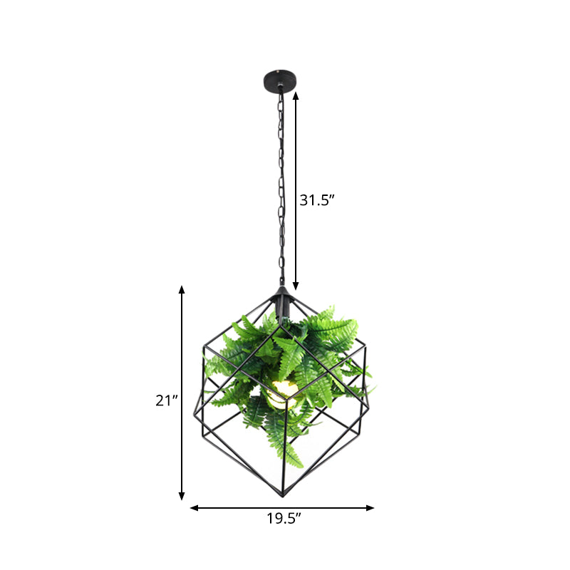 16.5/19.5 Metal Pendant Lamp Antique Black Geometric Led Down Lighting For Restaurants With Plant
