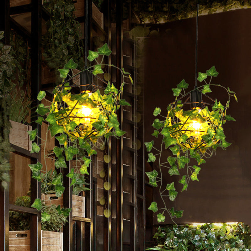 Retro Metal Geometric Pendant Ceiling Light with Black LED, 1 Head and Plant Decor - Ideal for Restaurants