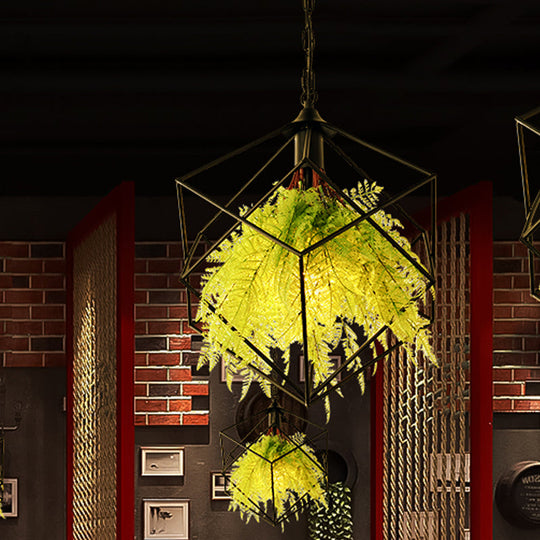 Black Metal Geometric Plant Hanging Pendant with LED Light, Ideal for Restaurants - 1 Bulb, 18"/21.5" Width