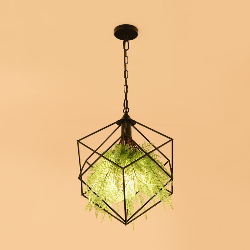 Black Metal Geometric Plant Hanging Pendant with LED Light, Ideal for Restaurants - 1 Bulb, 18"/21.5" Width
