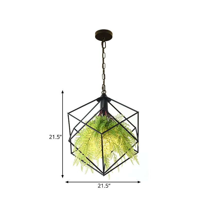 Black Metal Geometric Plant Hanging Pendant with LED Light, Ideal for Restaurants - 1 Bulb, 18"/21.5" Width