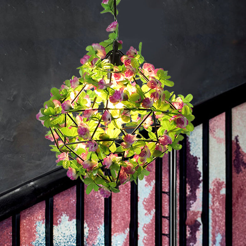 Industrial LED Suspension Lamp with Geometric Metal Black Pendant and Flower Decoration