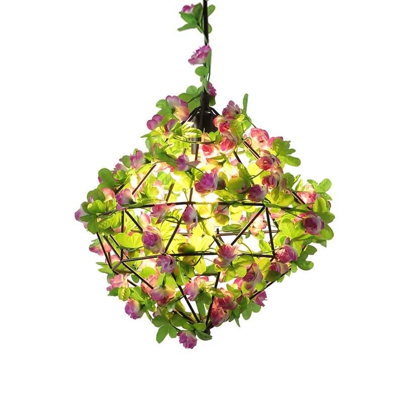 Industrial Geometric Metal Pendant Light With Black Finish And Flower Detail