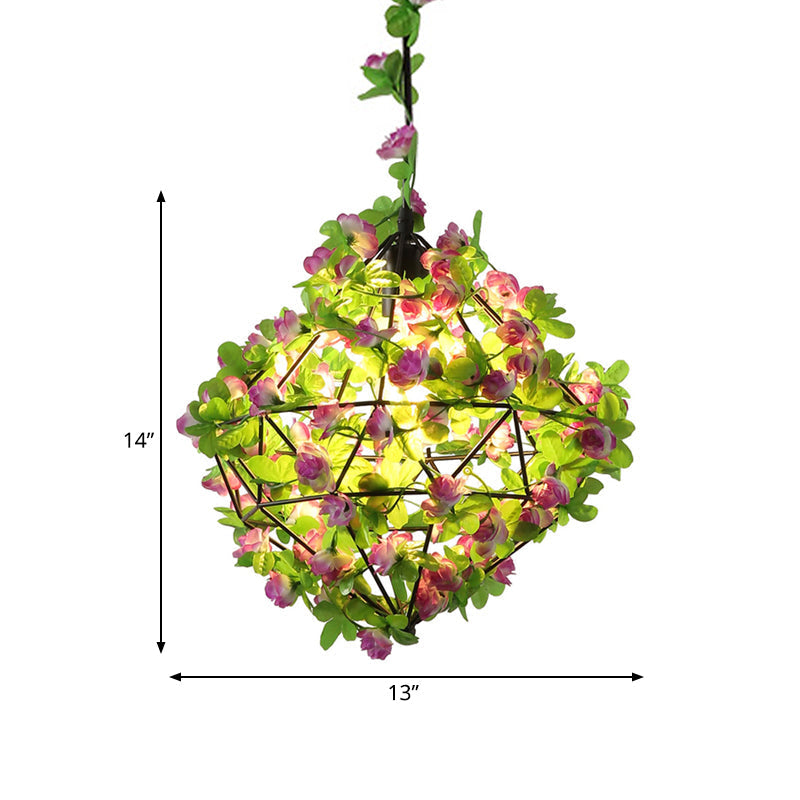 Industrial LED Suspension Lamp with Geometric Metal Black Pendant and Flower Decoration