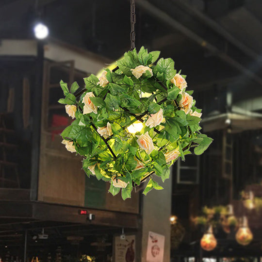 Retro 1-Head Black Metal LED Geometric Pendant Lamp with Plant and Flower Accent