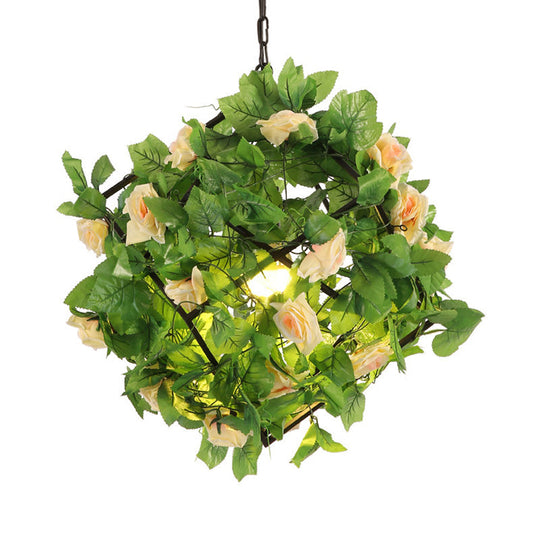 Retro 1-Head Black Metal LED Geometric Pendant Lamp with Plant and Flower Accent
