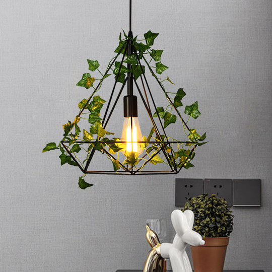 Black Diamond Metal Ceiling Light with LED Down Lighting Pendant and Plant Décor - 10"/15"/18" W