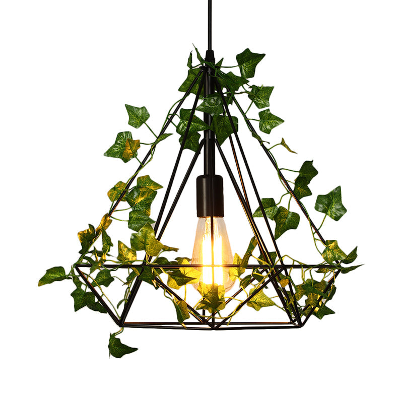 Black Diamond Metal Ceiling Light with LED Down Lighting Pendant and Plant Décor - 10"/15"/18" W