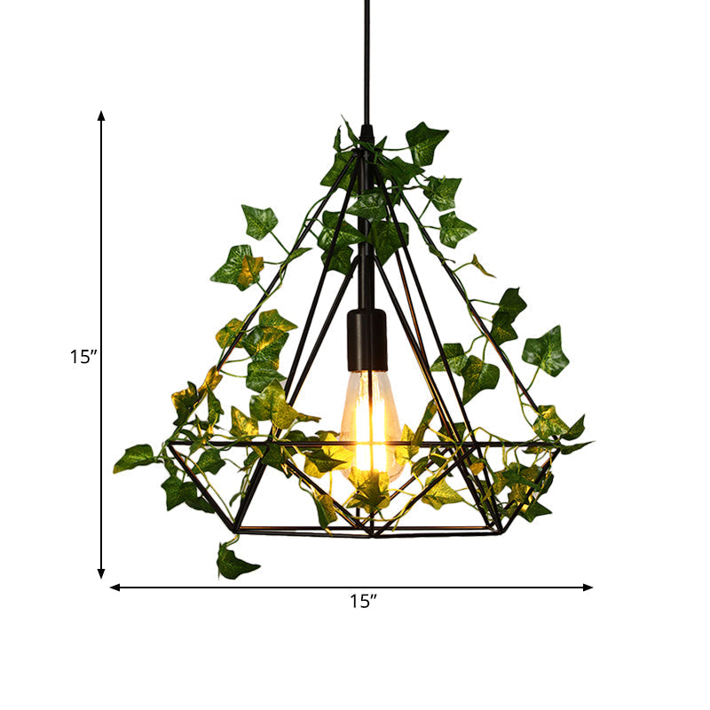 Black Diamond Metal Ceiling Light with LED Down Lighting Pendant and Plant Décor - 10"/15"/18" W