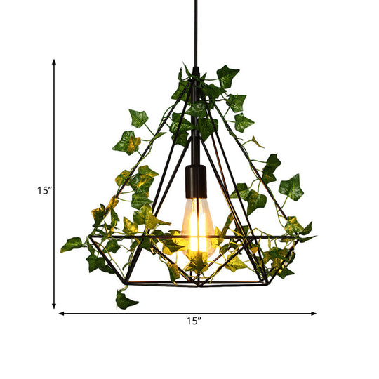 Black Diamond Metal Ceiling Light with LED Down Lighting Pendant and Plant Décor - 10"/15"/18" W