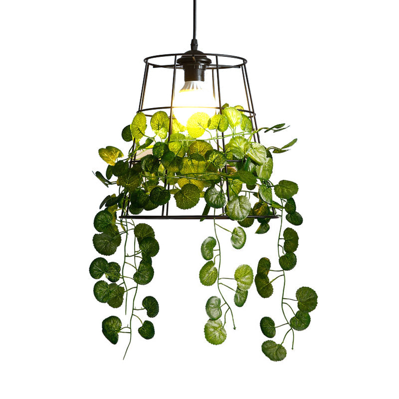 Industrial Metal Barrel Drop Lamp: Black Led Hanging Light Fixture With Plant Perfect For