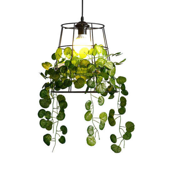 Industrial Metal Barrel Drop Lamp: Black Led Hanging Light Fixture With Plant Perfect For