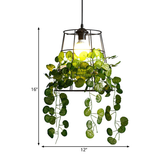 Industrial Metal Barrel Drop Lamp with Black LED Hanging Light Fixture and Plant Accent