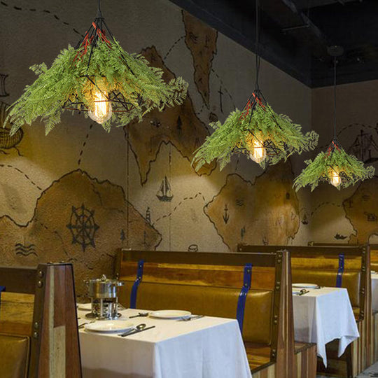 Green 1 Bulb Drop Pendant Industrial Metal Diamond LED Ceiling Light with Plant - Ideal for Restaurants