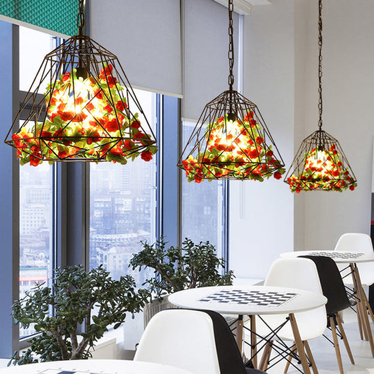 Antique Geometric Pendant Ceiling Light - Metal Led Flower Suspension Lamp In Black