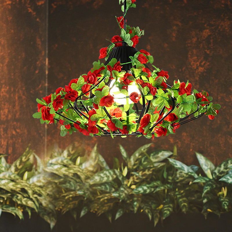 Black/White Metal Cage Hanging Lamp - Antique Style, LED Pendant with Flower Decor for Restaurants
