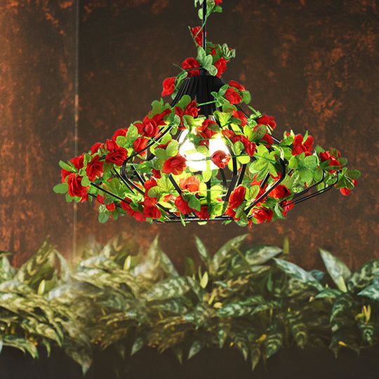Black/White Metal Cage Hanging Lamp - Antique Style, LED Pendant with Flower Decor for Restaurants