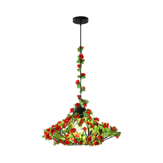 Antique Black/White Metal Cage Hanging Lamp With Flower Decor - Led Suspension Pendant For