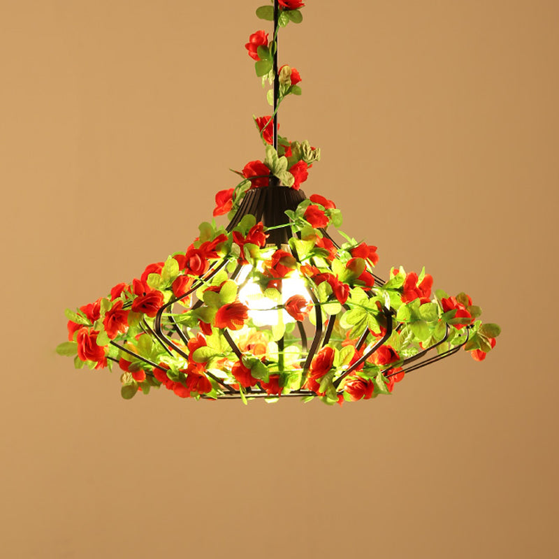 Antique Black/White Metal Cage Hanging Lamp With Flower Decor - Led Suspension Pendant For