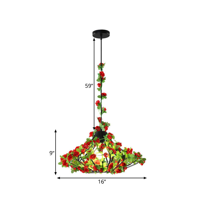 Black/White Metal Cage Hanging Lamp - Antique Style, LED Pendant with Flower Decor for Restaurants